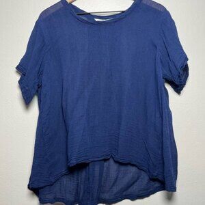 Honest Cotton Women Top Large Navy Blue Gauze Scoop Neck Relaxed Oversized